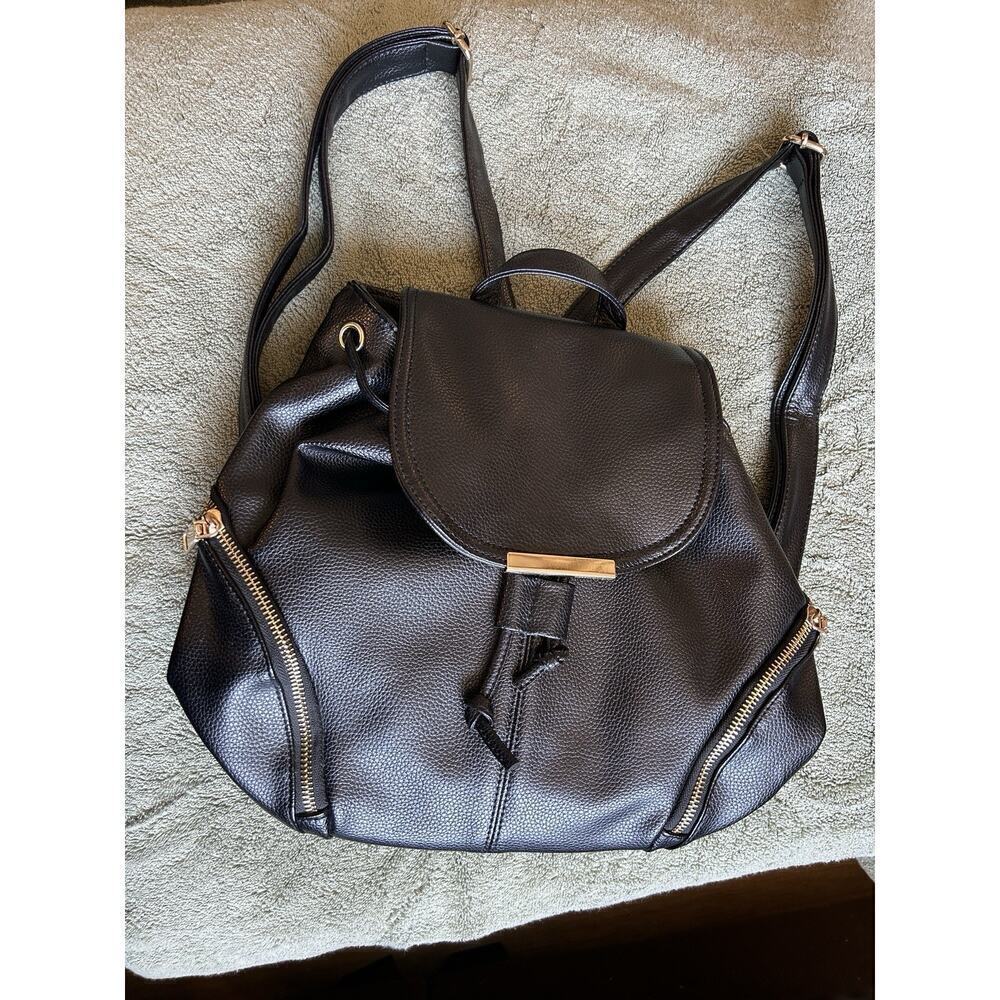 Black Backpack Shoulder Bag Purse With Gold Accents Faux Leather